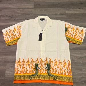 VTG Y2K 2000s Flaming Sea Dragon Flames Button Polyester Shirt XL NWT